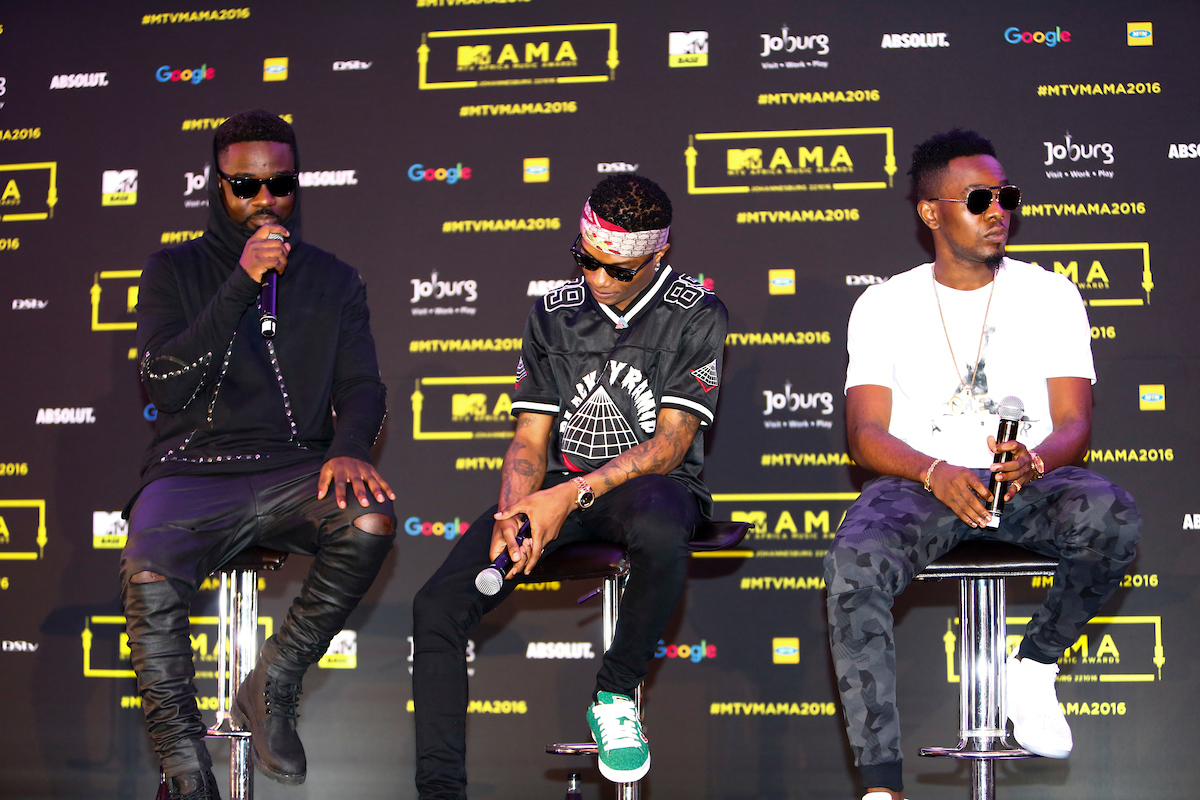 (L to R) The artists Sarkodie, Wizkid and Patoranking during the MAMA press conference in Johannesburg, South Africa on October 21st, 2016