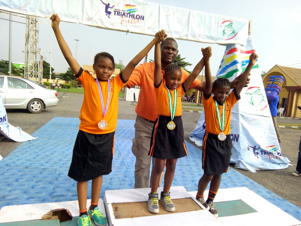 Some of the winners at the recently held Lagos State Triathlon Championship at the Teslim Balogun Stadium in Surulere. 